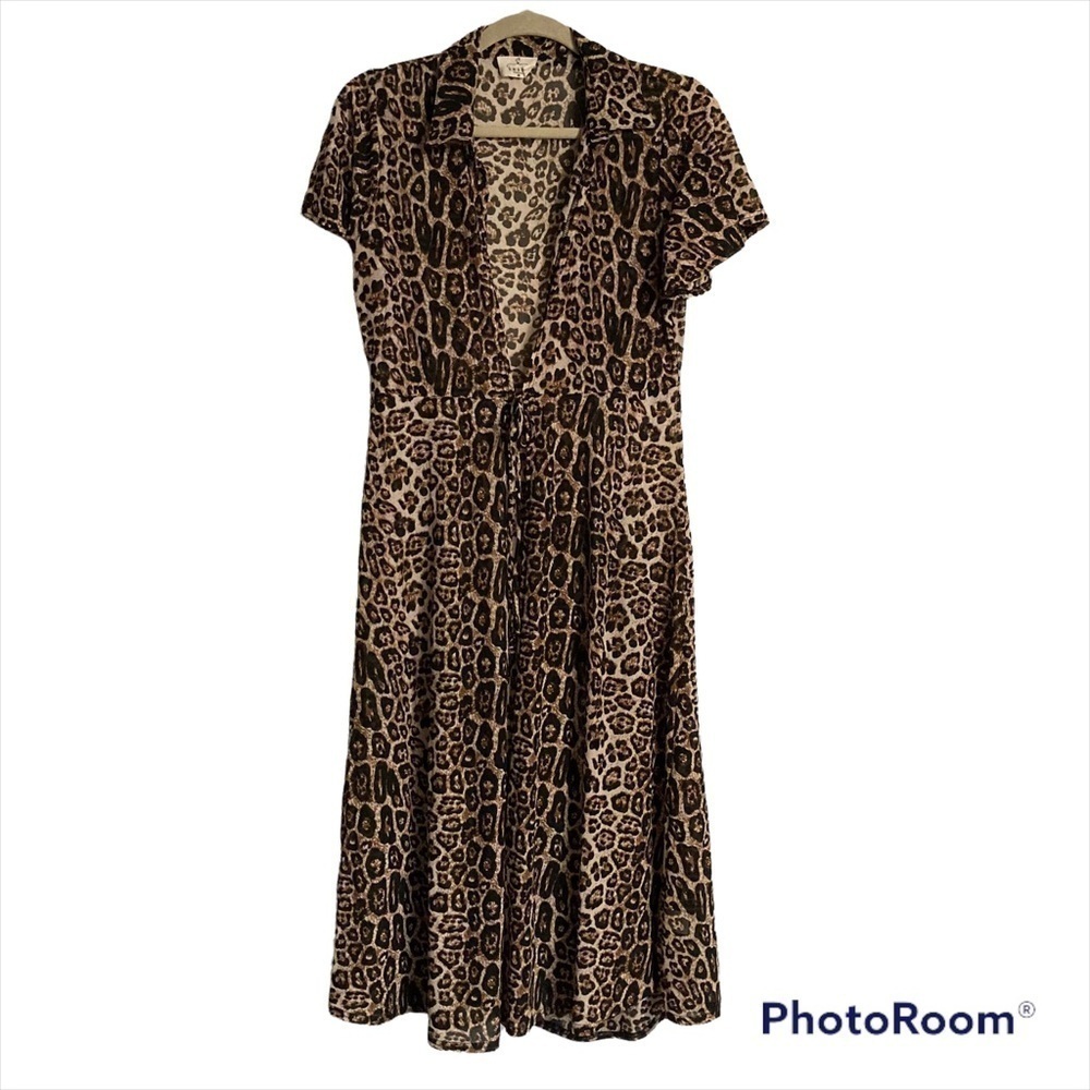 Ember Front Tie Sheer Leopard Print Duster Cardigan Size Medium Animal Print 90s